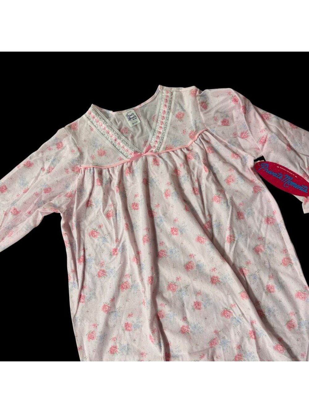 Vintage Pink Nightgown Floral Long Sleeve Medium Private Moments USA Granny